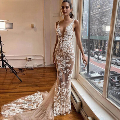 backless boho wedding dresses Long Boho A-Line Backless Wedding Dress 3D Flowers Spaghetti Straps Bride  Dresse