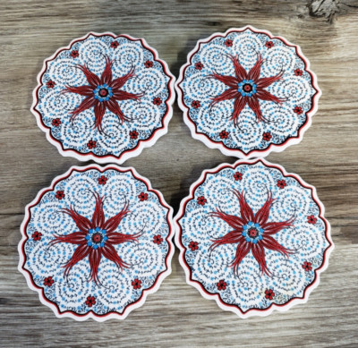 Ceramic Coasters Round Scallop Edges Blue Red Floral Tiles Made In Turkey Boho
