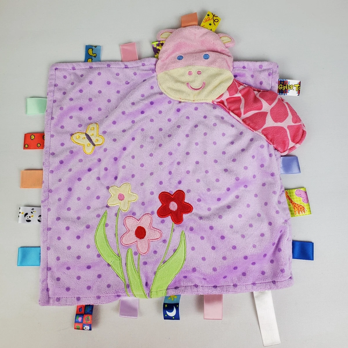 Taggies Giraffe Purple Dot Flowers Butterfly Security Blanket Lovey Lovie 13x14