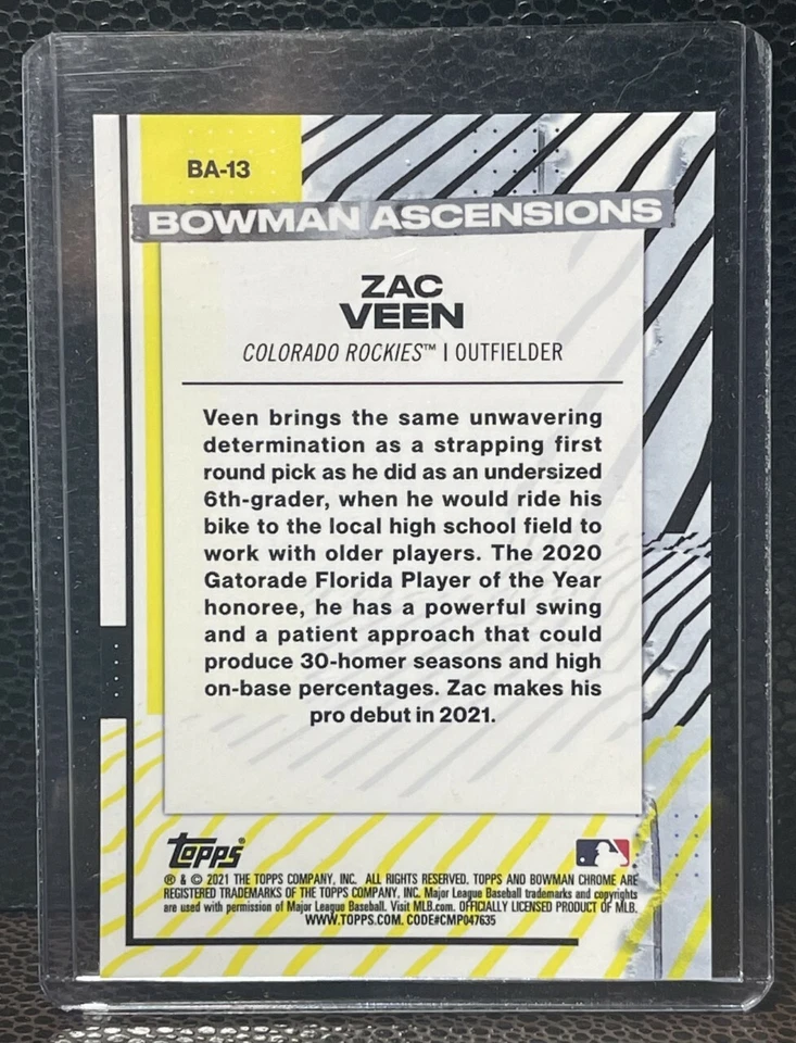 2021 Bowman Chrome ASCENSIONS Refractor Zac Veen #BA-13 Colorado Rockies - Image 2 of 2