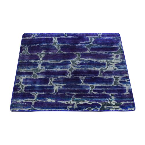 Tapis carré design 2'x2' bleu soie avec laine nouée à la main échantillon de tapis carré R78024 - Photo 1/5
