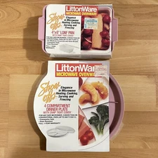 LittonWare Microwave Ovenware Loaf Pan & 4 Compartment Dinner Plate Vintage NOS