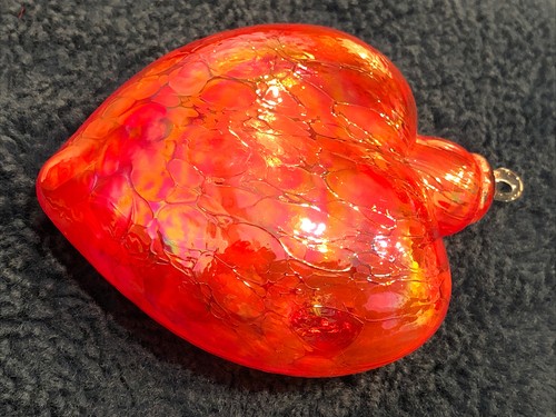 Vtg Art Glass Murano Style Hand Blown Red Iridescent Glass Heart Bubbles Effect - Picture 5 of 12