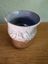 Vintage Native American Pottery Vase With Flowers In Silver/Clay Signed