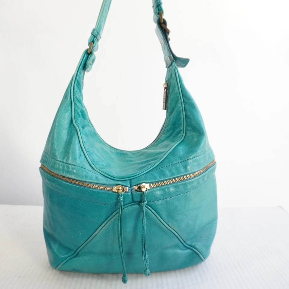 Kooba Teal Leather Hobo Shoulder Bag Large Distressed Brass Hardware y2K Slouch - Image 3 of 4