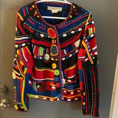 Michael Simon Red and Blue Geometric 3d cardigan Large