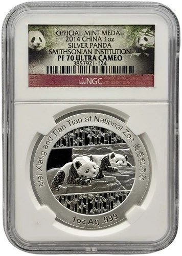 2014 China 1 oz .999 Fine Silver Panda Medal Smithsonian Institution NGC PF70 UC