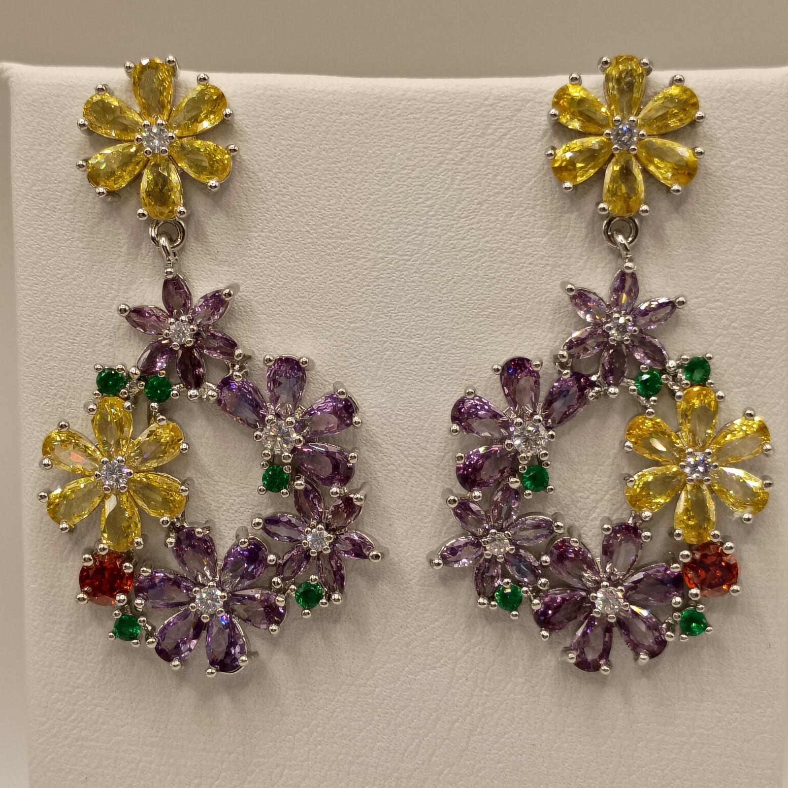 Multi Color CZ Floral Drop Earrings Silver Plated Bridal Prom Spring Summer
