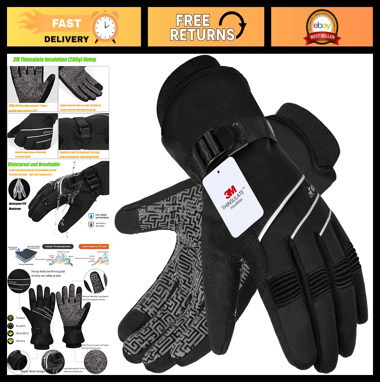 Waterproof Windproof -30°F Winter Gloves, 3M Thinsulate Touchscreen, Skiing, Cyc