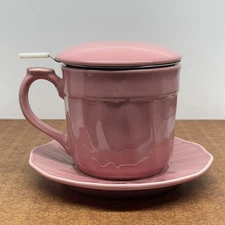 3.5" Pink Tea Cup Mug With Complete Lid Saucer & Metal Strainer