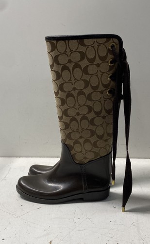 Coach Tristee Signature C Brown Khaki Rain Boots Tall Lace Up Back Size 6B