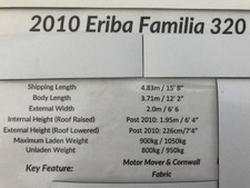 Eriba Familia 320 2010 Caravan with awning and canopy. Very good condition.