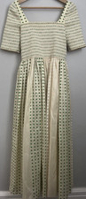 Tory Burch Silk Smocked Polka Dot Fit & Flare Dress Square Neck Green Ivory 8