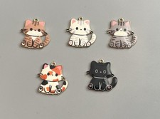 Lot Of 5 Kitty Cat Charms Pendants Enamel Multicolor Glossy 1 Jewelry Making