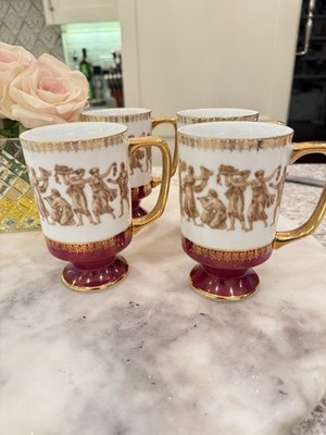 Royal Crown Greek Classic Cups Mugs Gold Handles Vtg Antique Glasses