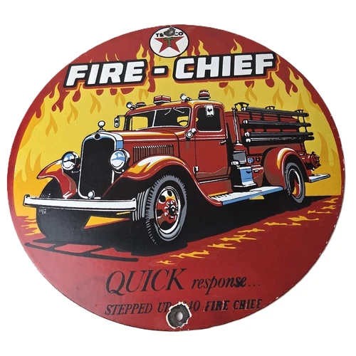 Vintage Texaco Fire-Chief Porcelain Sign - Red Fire Truck Gasoline Sign
