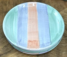 CALECA Set Of 4 Salad Plates 8.25" Italy Pastel Blue Green Orange Stripe Pottery