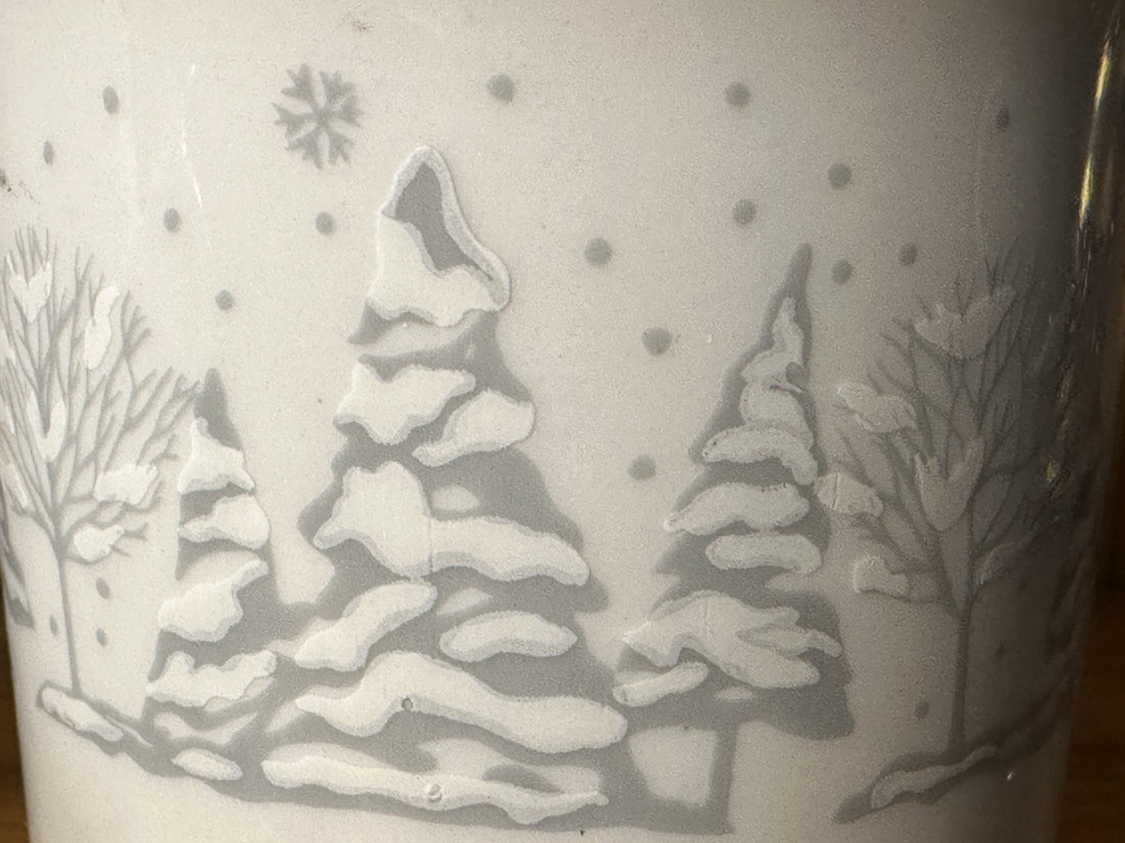 2 Lynn's 3” Fine China Cups - In The Pines Pattern - Snowflakes & Pine Trees EUC