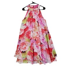 Eliza J Floral Halter Dress 14* Pink Red Chiffon Layered Cocktail Fairy Ethereal