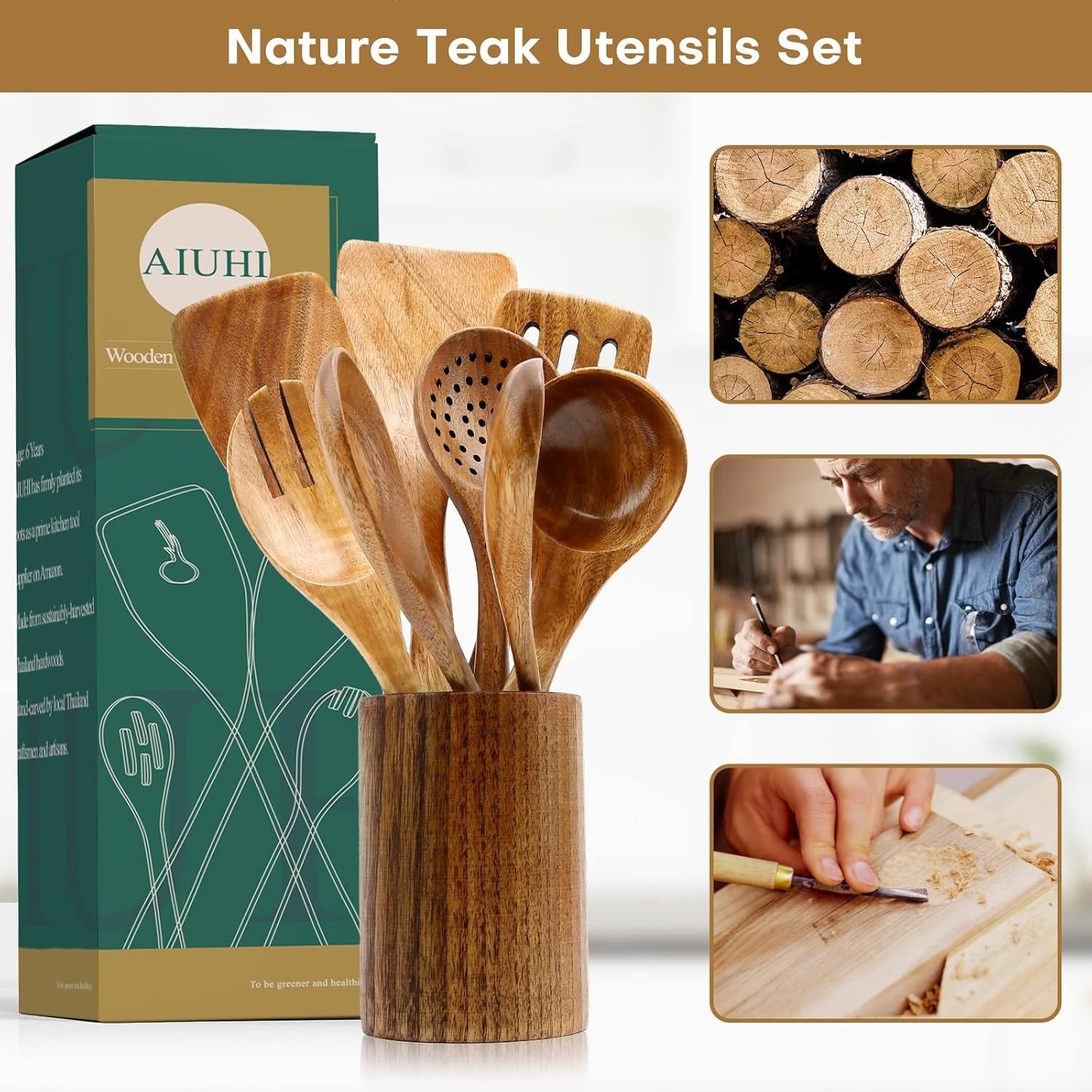 10 Pack Wooden Utensils for Cooking, Wood Utensil Set for Kitchen, Teak Wooden S