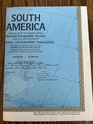 Vintage National Geographic Map South America October 1972