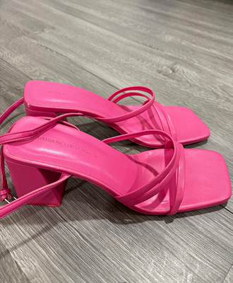 Pull&Bear Women's Pink Strappy Square-Toe Block Heel Leather Sandals 7