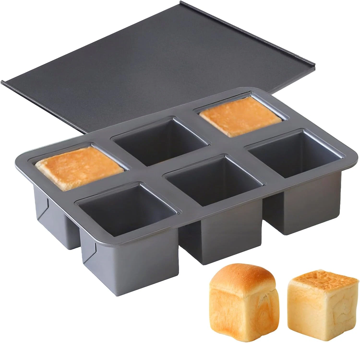 6-Cavity Mini Pullman Loaf Pan with Lid, Mini Loaf Pan 2.4 X 2.4 X 2.4 Inch Squa