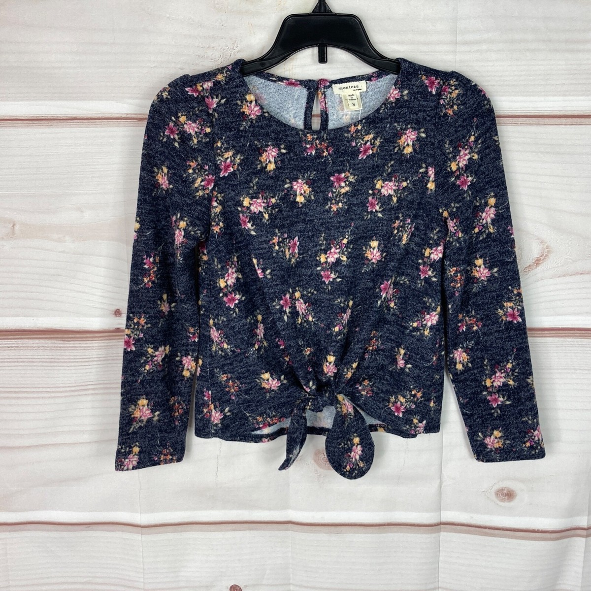 Monteau Top Girls S Blue Floral Blouse Tie Waist Long Sleeve Round