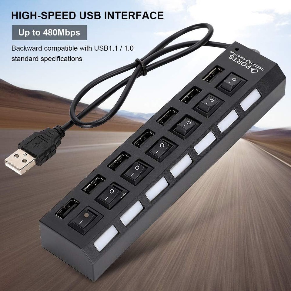 USB Hub 7 Port On/Off Switch High Speed Splitter AC Adapter Cable PC ...