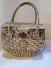 Vintage Basket Weave Wicker Purse Styles by Simon Cream Gold Accents Japan
