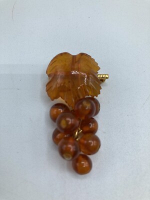 Vintage Russian Baltic Amber Lucite Brooch Pin Grapes Vine Leaf Signed