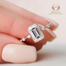 Moissanite Solitaire Engagement Ring Solid 14K White Gold 3 CT Emerald Cut VVS1