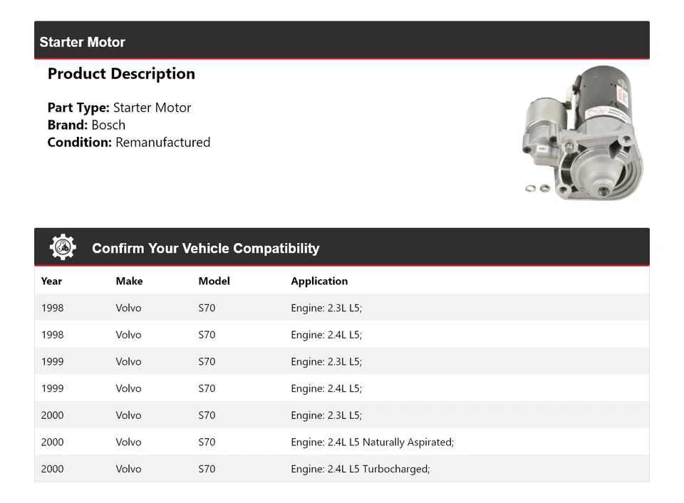 For 1998-2000 Volvo S70 Bosch Starter (Remanufactured) 1999 - Image 2 of 4