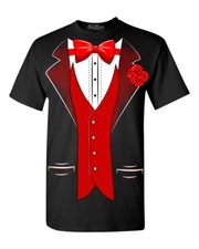 Red Bow Tie Tuxedo Costume T-shirt Rose Boutonniere Prom Suit Shirts