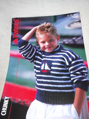 VINTAGE ORIGINAL STRICKMUSTER PATONS C3297 JUNGEN GROBER SEGELPULLOVER 24 30''