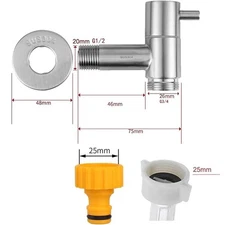 Stainless Steel Laundry Water Tap Garden Faucet 1/2" Inlet 3/4" Threaded Outlet