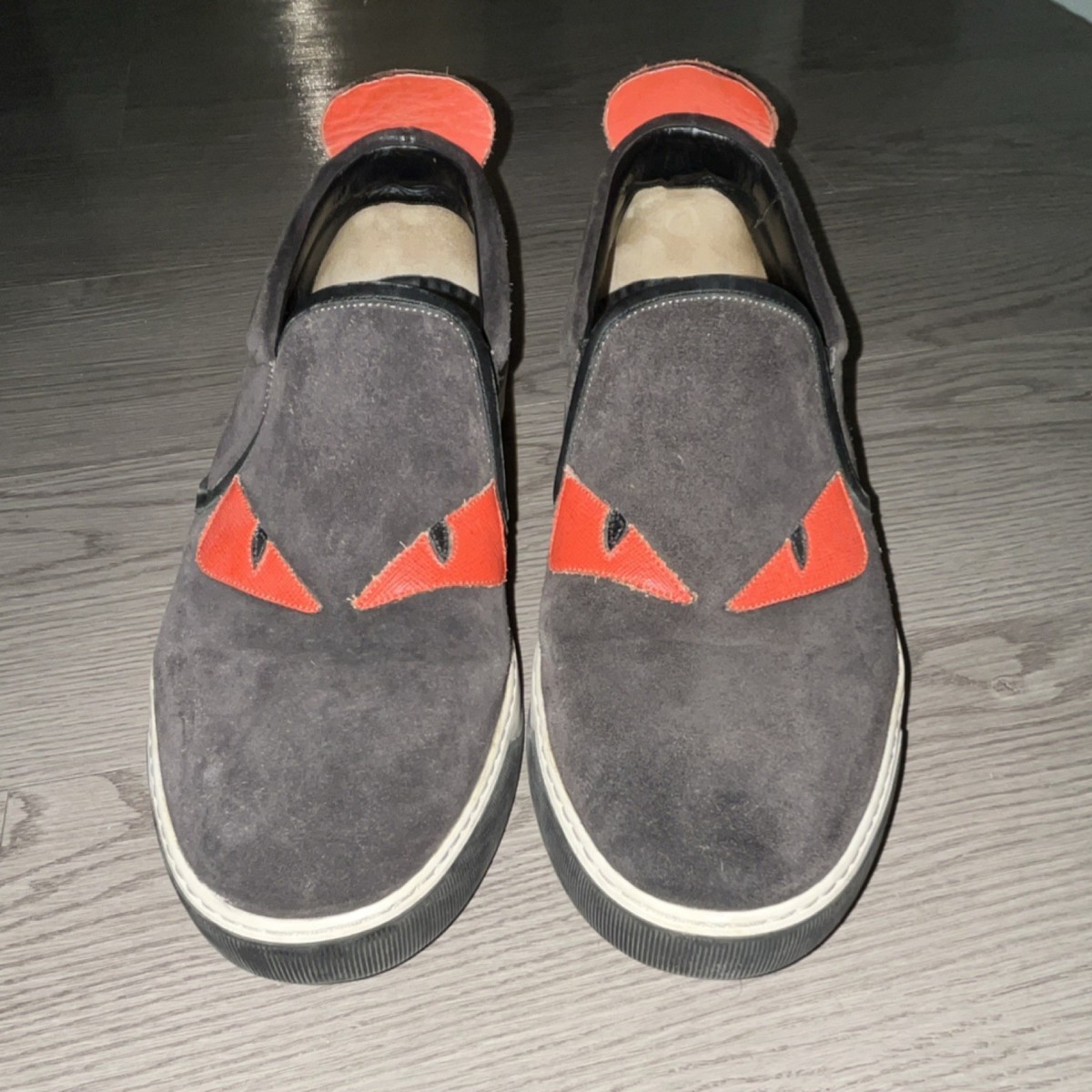 Fendi Monster Eyes Men's Slip-On Casual Shoes Black Orange Suede