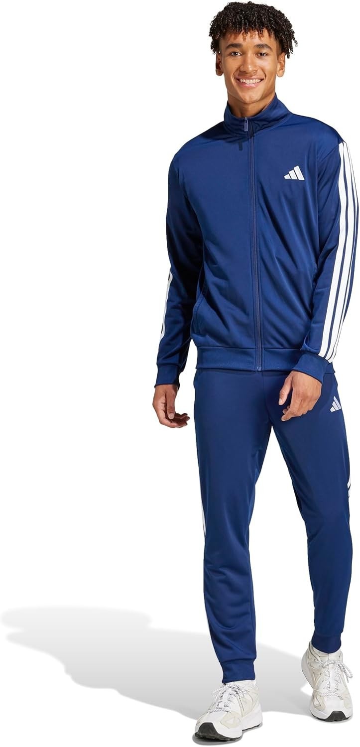 adidas Men's SPORTSWEAR BASIC 3 STRIPES TRICOT TRACKSUIT, Dark Blue, Size XL