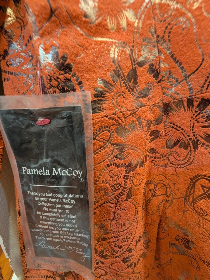 复古 PAMELA MCCOY 皮革夹克女式珊瑚金属拉链佩斯利 XS 全新带标签 — 第 3/4 张图片