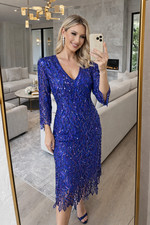 Vtg Linsiano Silk Beaded Gown Midi Dress Slit Sides Blue Elegant Party Size L