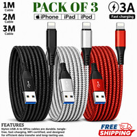 For iPhone Charger Cable Heavy Duty Braided USB Charging Lead Data Sync 1M 2M 3M
