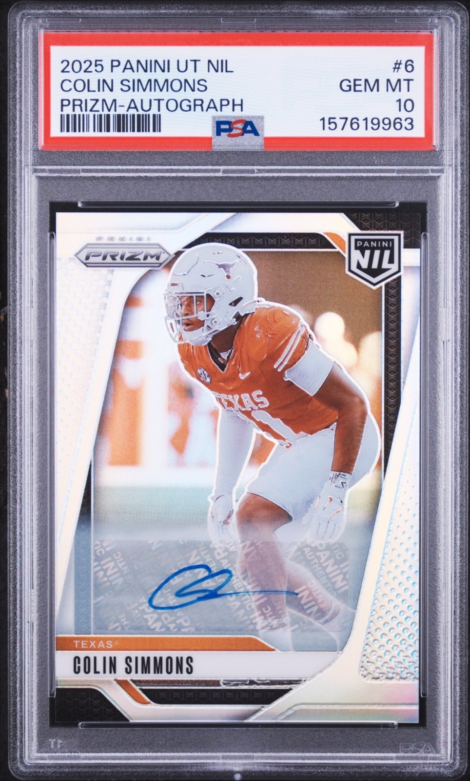 COLIN SIMMONS RC 2025 PANINI UT PRIZM SILVER ROOKIE AUTO #6 PSA 10 GEM MINT