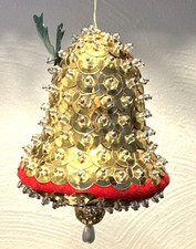 VTG HOMEMADE GOLD PUSH PIN BEADED SEQUINED CHRISTMAS BELL ORNAMENT