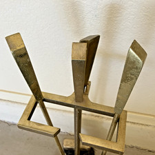 BRASS & BLACK IRON 4-PC MCM MODERN HEAVY FIREPLACE TOOLS "AS IS" FOR RESTORATION