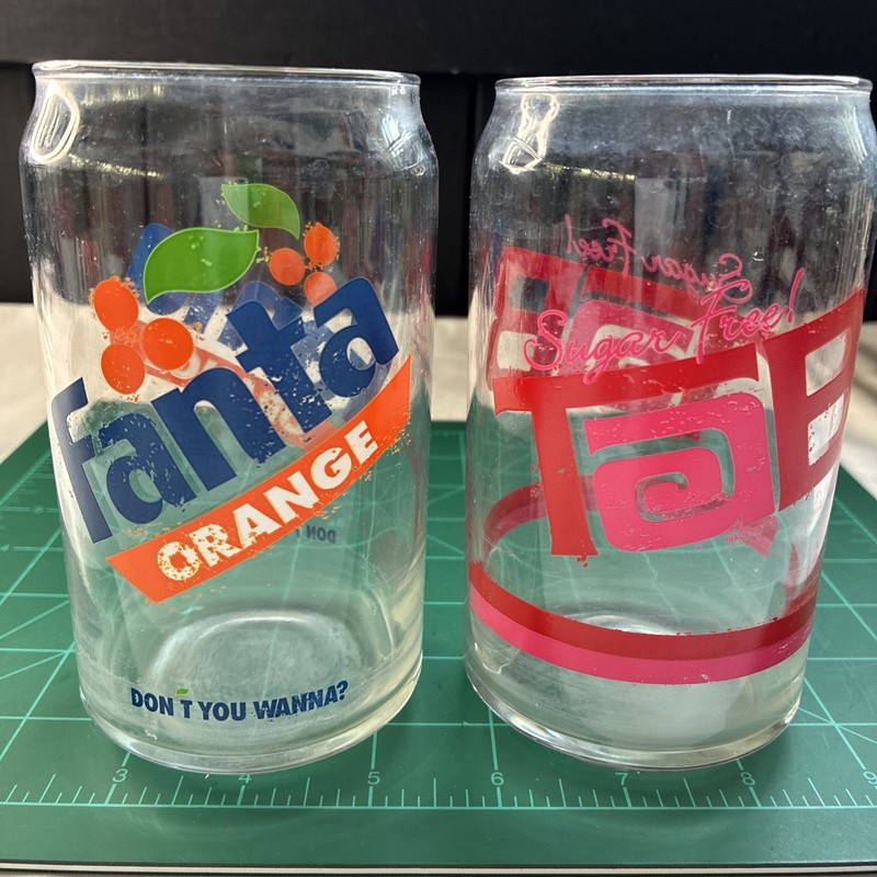 (2) Retro Fanta Orange and Sugar Free Tab Can Shaped Drinking Glasses 16oz