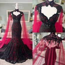 Gothic Mermaid Wedding Dresses with Cape Sleeveless Dark Red Lace Bridal Gown