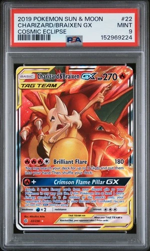 2019 POKEMON SUN & MOON COSMIC ECLIPSE #22 CHARIZARD & BRAIXEN GX PSA 9