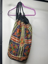 Boho Embroidered Cotton Drawstring Bag Black Multicolor Everyday Vintage
