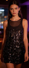 Express Black Sequin Mesh Mini Dress Sleeveless Sheer XS Party Cocktail