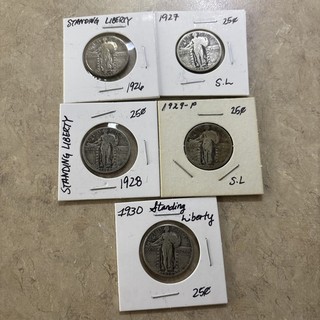 Lot of 5 Circulated Standing Liberty Quarters 90% Silver